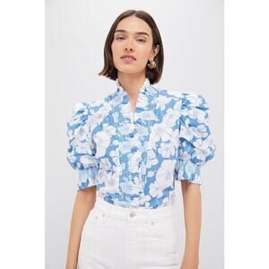ENGLISH FACTORY Blue Floral Ruffle Neck Aria Blouse Size S NWT
